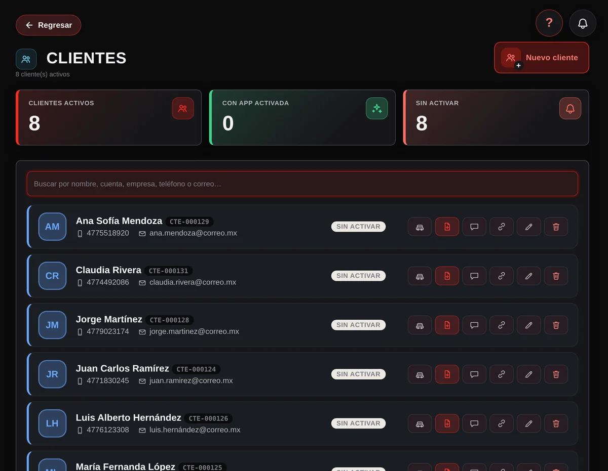 Lista de clientes con buscador, cuenta de cliente y acciones rápidas