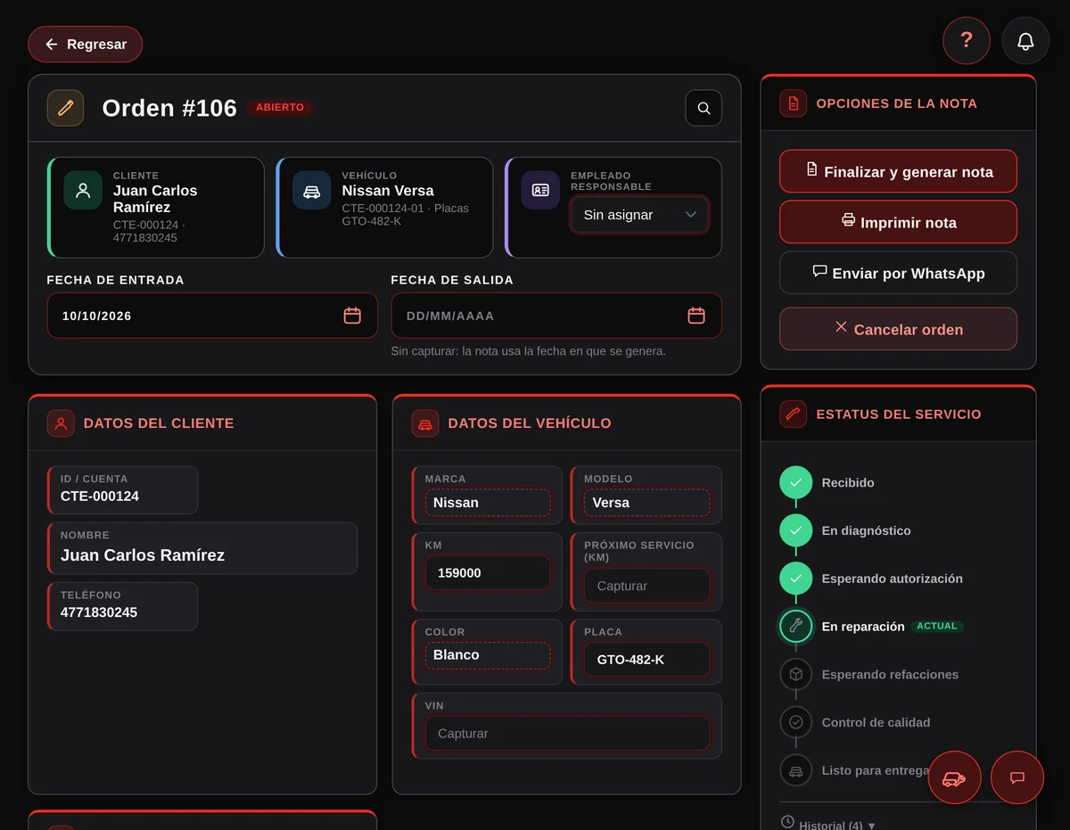 Orden de servicio #106 con cliente, vehículo, opciones de la nota y estatus del servicio
