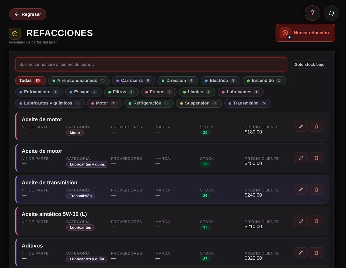 Catálogo de refacciones por categoría con stock y precio